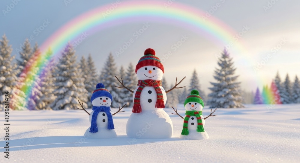 Obraz premium Three snowmen in a snowy landscape with a rainbow in the background.