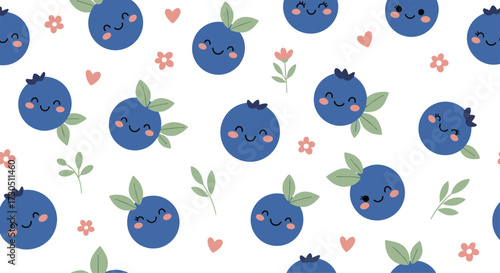 Cute happy blueberries with small pink flowers and leaves pattern.