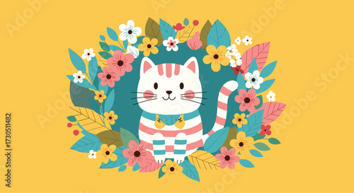 Cute cat surrounded by beautiful flowers in a whimsical garden setting.