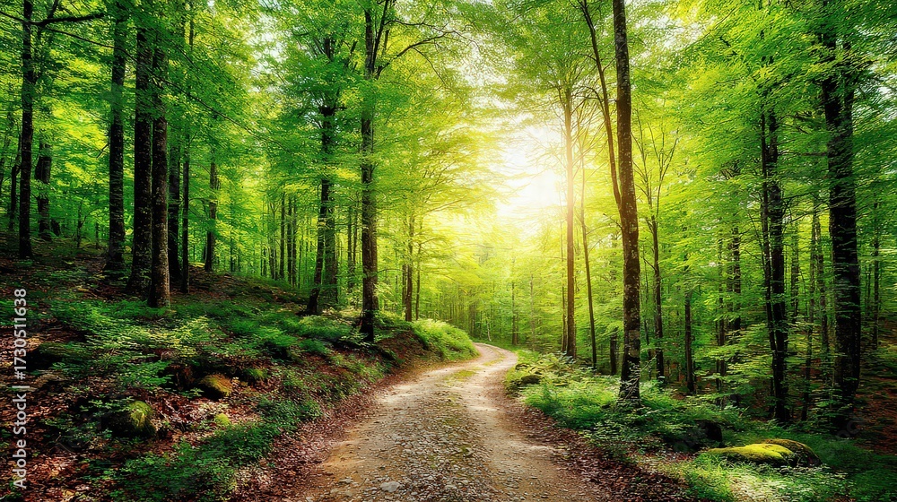 Obraz premium Sunlit Forest Path Through Lush Green Trees