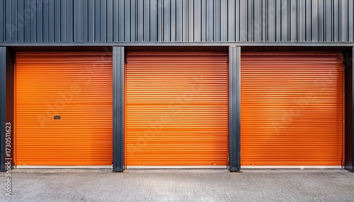 bright orange storage unit doors create vibrant contrast against gray building showcasing modern design and organized storage solutions