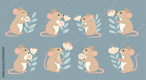 Eight adorable mice smelling flowers on a dusty blue background.
