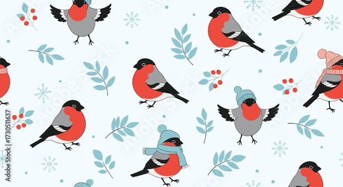 Cute bullfinches in winter clothes on a snowy background.
