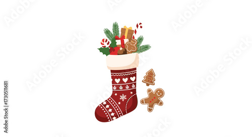 A festive christmas stocking filled with gifts and gingerbread cookies.