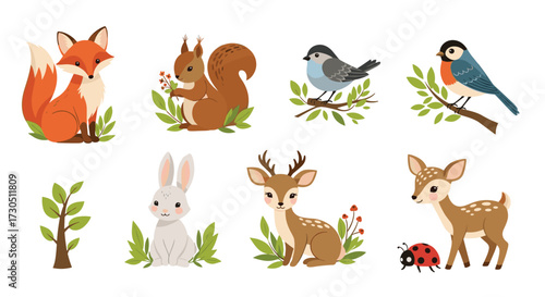 A collection of charming woodland animals including a fox squirrel birds and a deer.