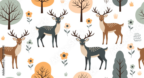 A charming woodland scene with various deer and trees.