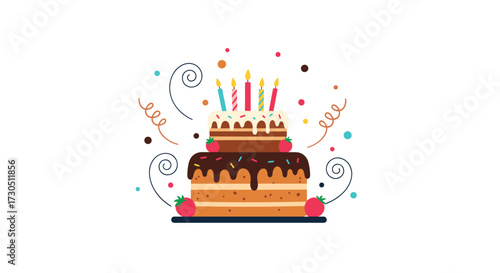 A delicious tiered birthday cake with candles and festive decorations.