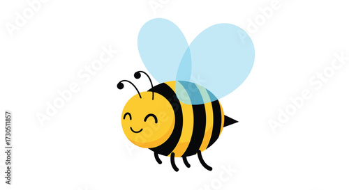 A cute cartoon bee with happy eyes and translucent wings flies gracefully.