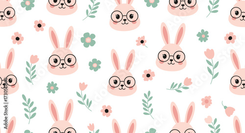 Cute bunny pattern with glasses and flowers.