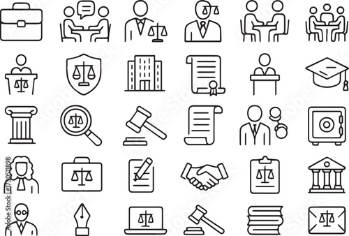 Legal Icons Set Law Justice Court and Advocacy Symbols