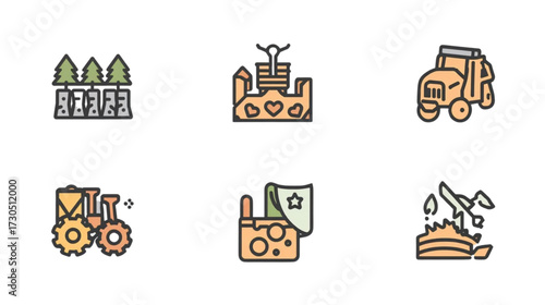 Cultivating Prosperity: A collection of agriculture and gardening icons. From budding plants to industrious tractors, showcasing the growth, harvest, and nurture of flourishing fields