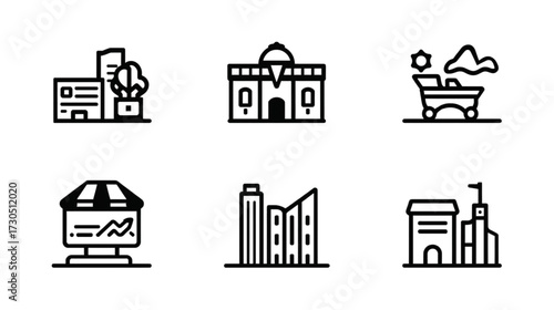 Architectural Icons Array: A series of minimalistic, stylized illustrations featuring an array of buildings, offering a visual symphony of form, function, and urban design.