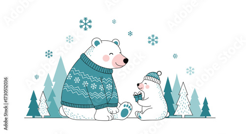 A mother bear and cub enjoying a winter day together.