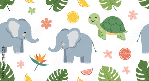 Cute baby elephants and a happy turtle illustration.