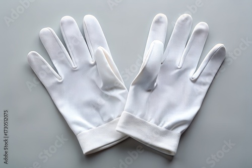 Pair of white cotton gloves on a gray background mockup image