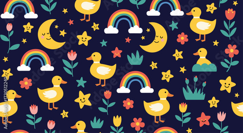 Whimsical ducklings and colorful rainbows fill the night sky.