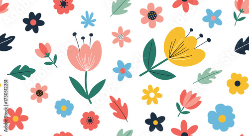 Wallpaper Mural A cheerful pattern of various colorful flowers and leaves. Torontodigital.ca