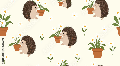 Adorable hedgehogs tending to potted plants in a charming garden pattern.