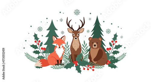 Whimsical woodland creatures celebrating the winter season together.