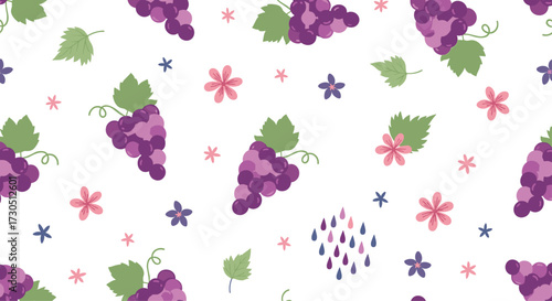 A delightful pattern featuring purple grapes and small colorful flowers.