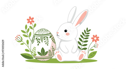 A cute white bunny sits next to an ornate Easter egg and spring flowers.