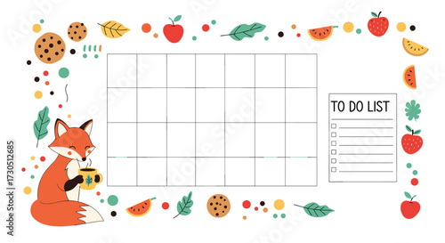 A cute fox enjoying a warm drink with a food border and to do list.