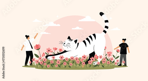 A joyful giant cat stretching in a field of flowers with people around.