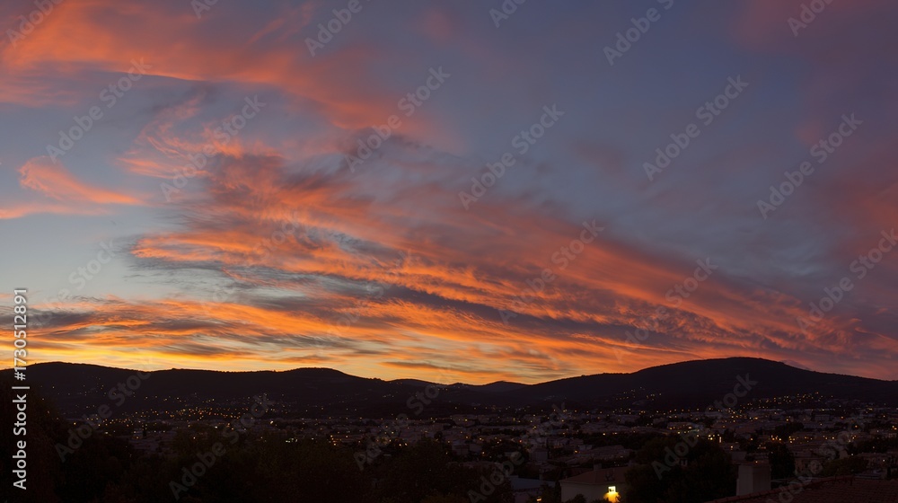 Obraz premium peace. A breathtaking sunset sky panorama with vibrant warm hues and glowing clouds. inspiring travel planning, travel magazines, designed for travel destination branding, inspires travel planning.