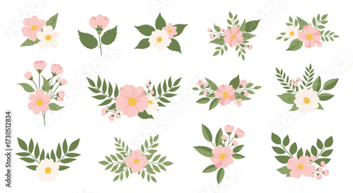 A beautiful collection of delicate floral arrangements and single flowers.