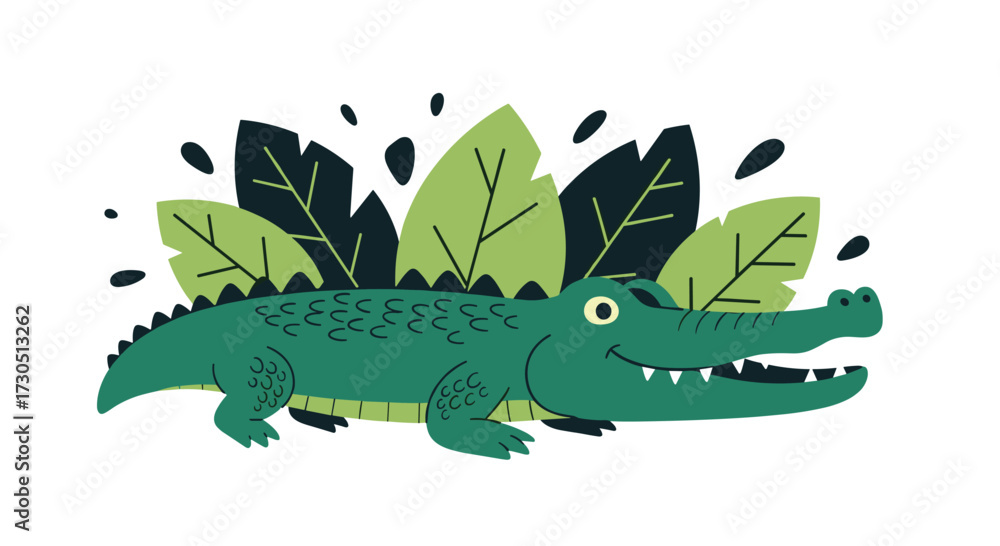 Obraz premium A happy green alligator peeking from behind lush green jungle leaves.
