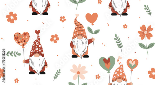 Whimsical gnomes with flowers and hearts and balloons celebrating love and spring.