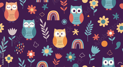 A charming and whimsical pattern featuring cute owls and colorful floral elements.