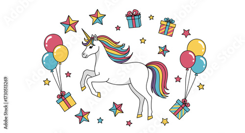 A magical unicorn surrounded by colorful balloons stars and gift boxes.