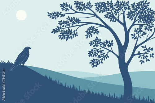 Majestic Tree Silhouette on Hill Vector - Duotone Blue Nature Landscape at Sunset/Sunrise