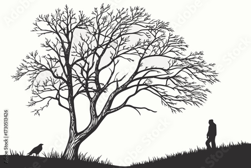 Coastal Landscape with Bare Tree and Perched Seagull - Duotone Blue Shoreline Vector