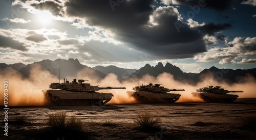 Three powerful armored vehicles advancing across a dusty battlefield