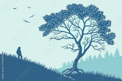 Hiker and Majestic Tree Silhouette Vector - Duotone Blue Forest Landscape Scene