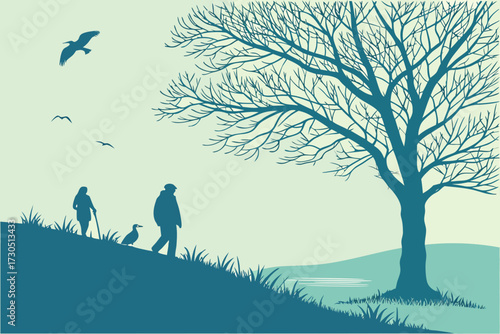 Tranquil Valley Landscape with Majestic Tree Silhouette - Duotone Blue Vector Illustration