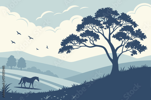 Misty Hillside with Bare Tree and Perched Birds - Duotone Teal Landscape Vector