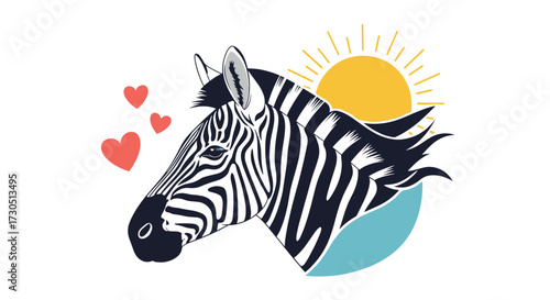 A zebra enjoying the warm sun and little hearts float around.