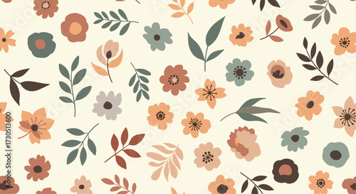 A charming pattern of small scattered flowers and leaves in muted earthy tones.