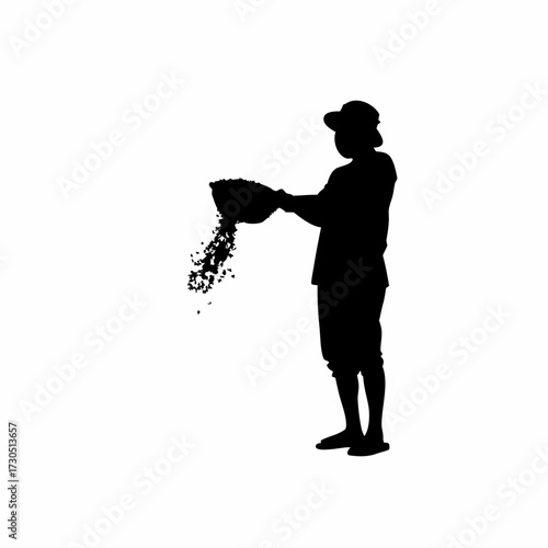 Silhouette of rice mill worker wearing mask handling dust isolated on white background