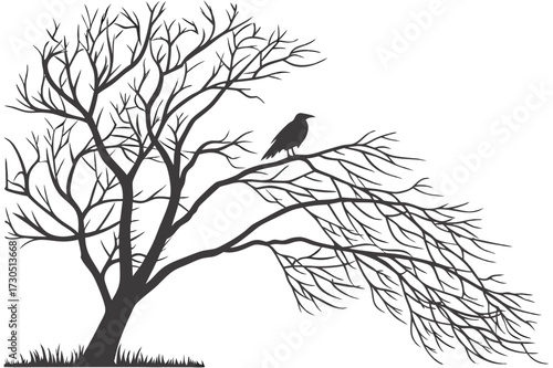 Eagle Silhouette in Misty Landscape - Duotone Teal Raptor and Tree Scenery Vector