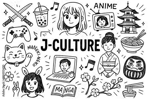 Photography Japanese culture doodle composition with anime, sushi, torii gate and traditiona