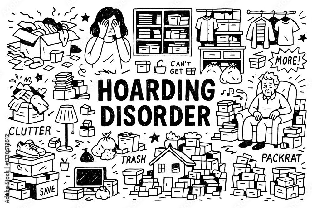Fototapeta premium Hoarding disorder doodle composition with cluttered boxes, clothes, books and stressed people, Transparent Background
