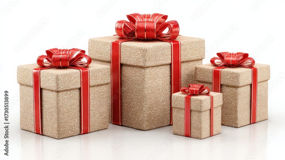 Obraz premium Three Gift Boxes With Red Ribbons On White Background