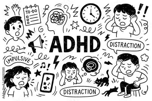 Bilde på lerret ADHD doodle composition with hyperactive kids, distraction symbols and focus cha