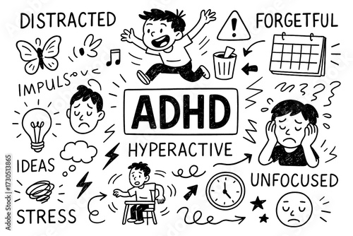 Photos ADHD doodle composition with hyperactive kids, distraction symbols and focus cha