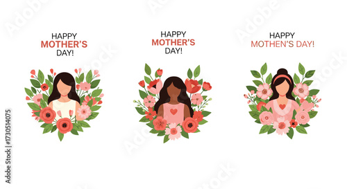 Happy mothers day greeting cards with women and flowers.