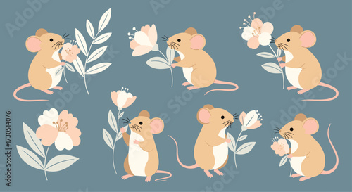 Cute little mice enjoying flowers in soft pastel colors.